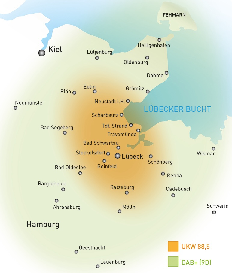 Karte des Sendegebiets von Radio Luebeck ueber UKW und DAB+